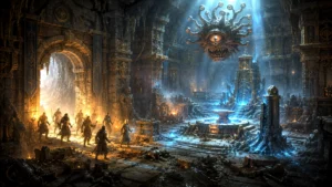 The heroes of Voxels & Valor confront an ancient Spectator guarding the legendary Forge of Spells deep within Wave Echo Cave.