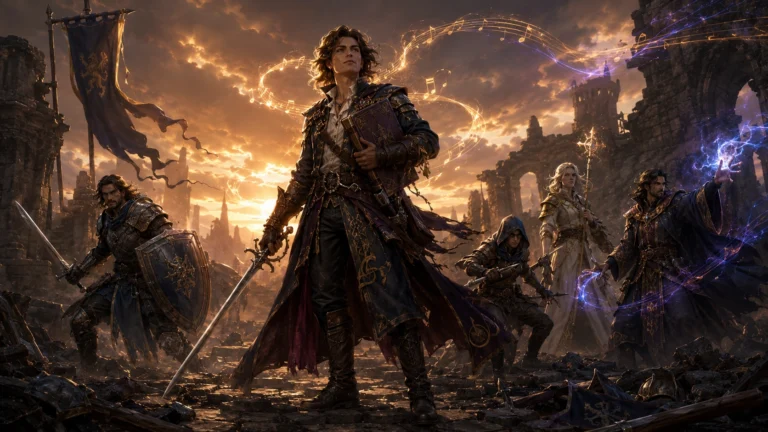 A College of Lore Bard inspiring allies while wielding a rapier and arcane magic in a ruined fantasy battlefield.