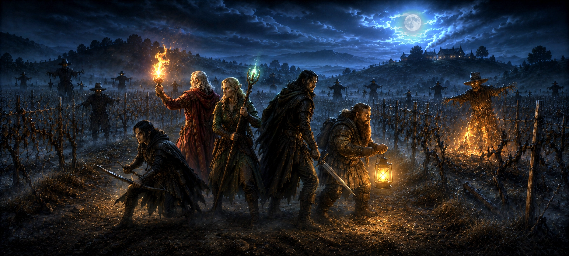Adventurers surrounded by supernatural scarecrows in the moonlit fields of Stoutfellow Vineyard outside Waterdeep.