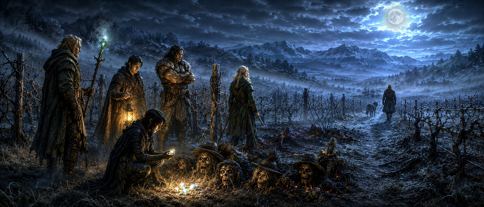 Adventurers standing among burned scarecrow remains in a moonlit vineyard while a lone figure follows a wolf into the distant hills beneath the winter night sky.