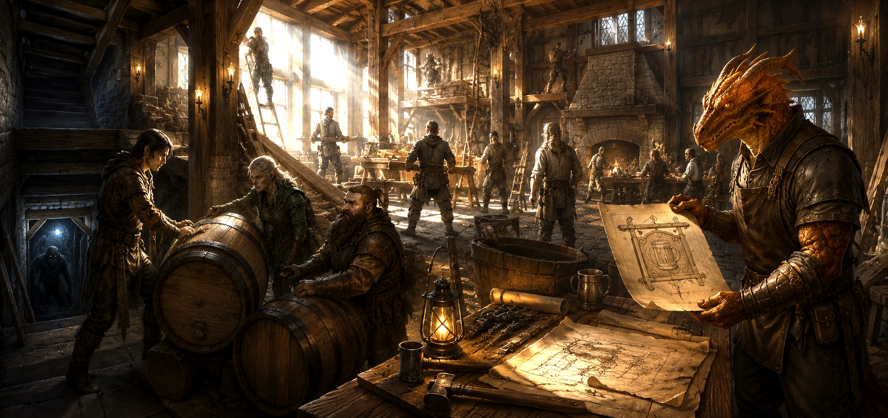 Adventurers and guild workers renovating Trollskull Manor while strange movement lurks beneath the cellar in Waterdeep.