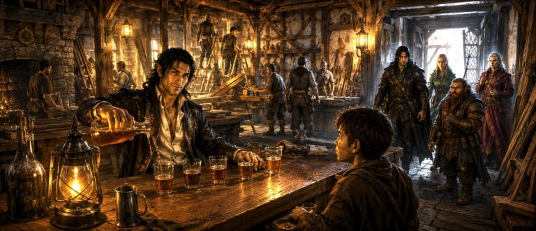 Davil Starsong sits behind the bar of Trollskull Manor while the adventurers return to find him waiting during the tavern's renovation.
