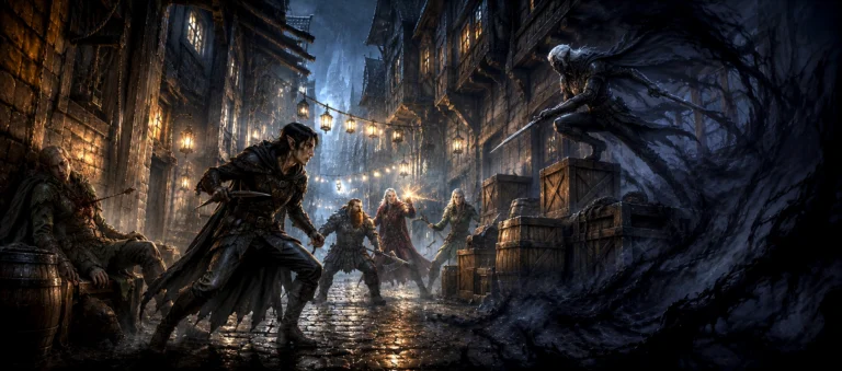 Kiril and his companions confront a shadowy assassin in a narrow Dock Ward alley as lantern light fades and darkness begins to consume the street.