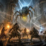The Voxels & Valor party confronts monstrous Ruin Spiders amid the web-covered halls of Wave Echo Cave during Session 34.