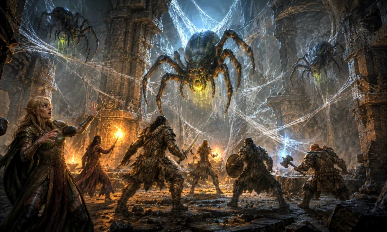 The Voxels & Valor party confronts monstrous Ruin Spiders amid the web-covered halls of Wave Echo Cave during Session 34.